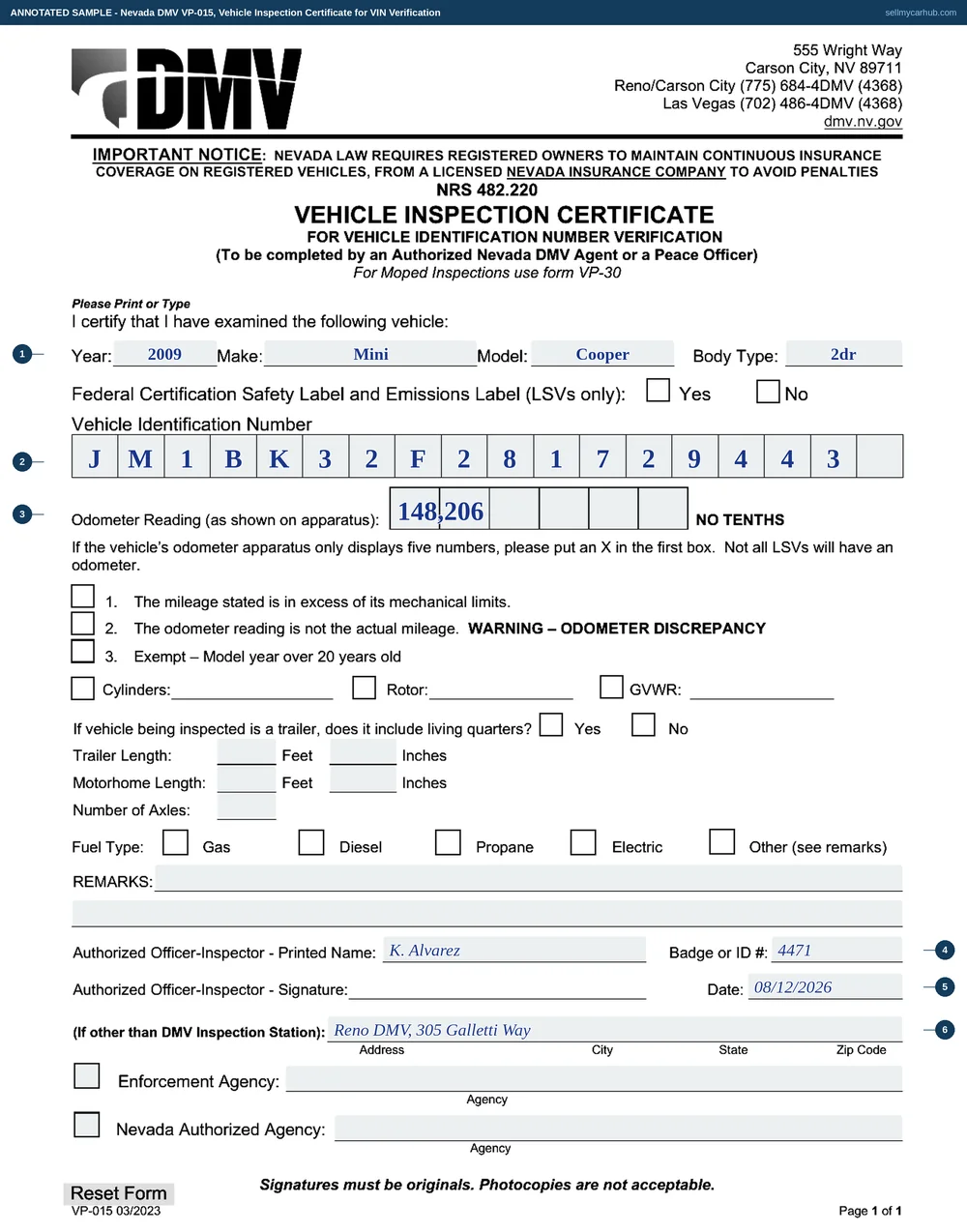 Nevada DMV form VP-015, Vehicle Inspection Certificate for VIN verification, shown completed by an inspector with each field numbered
