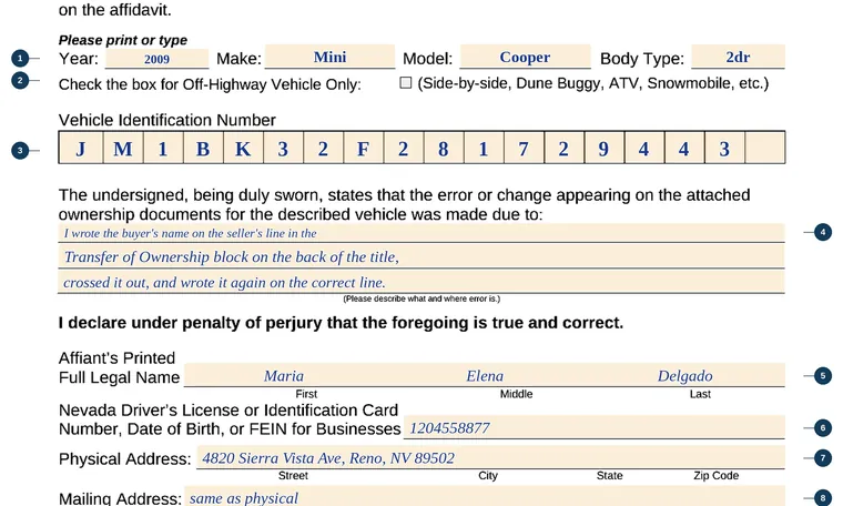 Part of our filled-in example of Nevada VP 019, Erasure Affidavit, showing the filled-in entries
