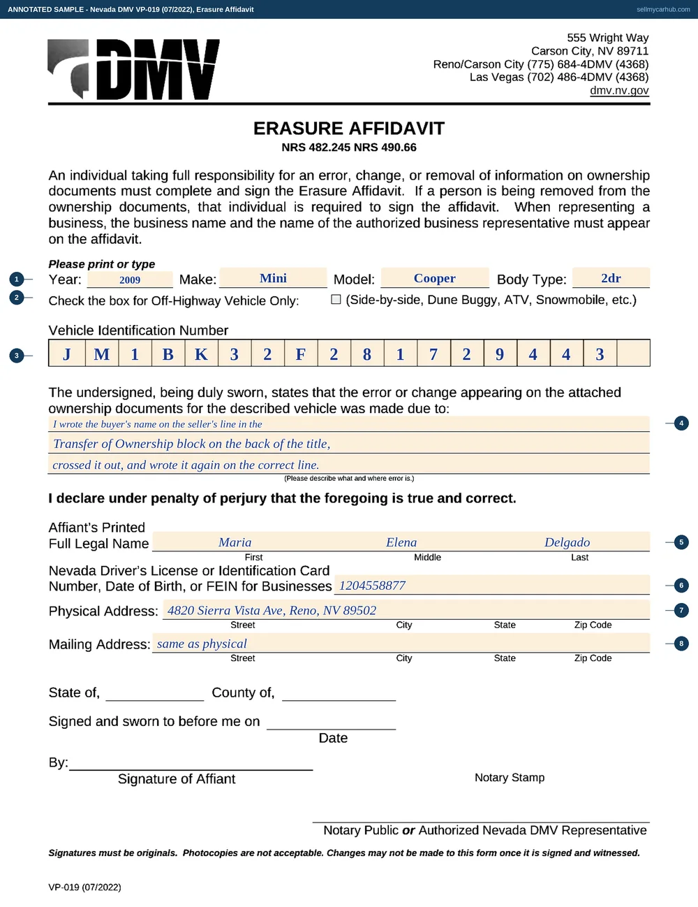 Nevada DMV form VP-019 Erasure Affidavit, filled in as a worked example with each field numbered
