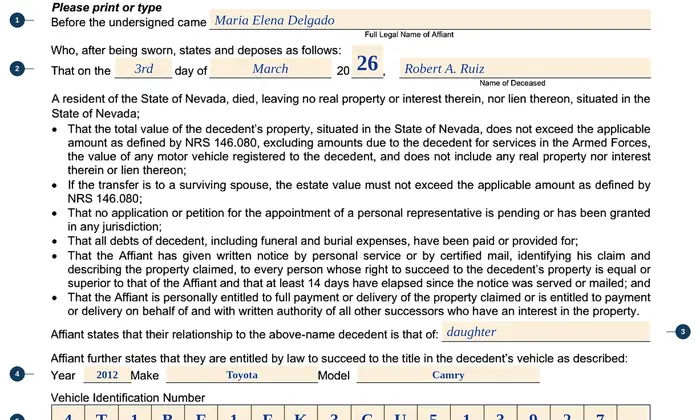 Part of our filled-in example of Nevada VP 024, Affidavit for Transfer of Title for Estates Without Probate, showing the filled-in entries