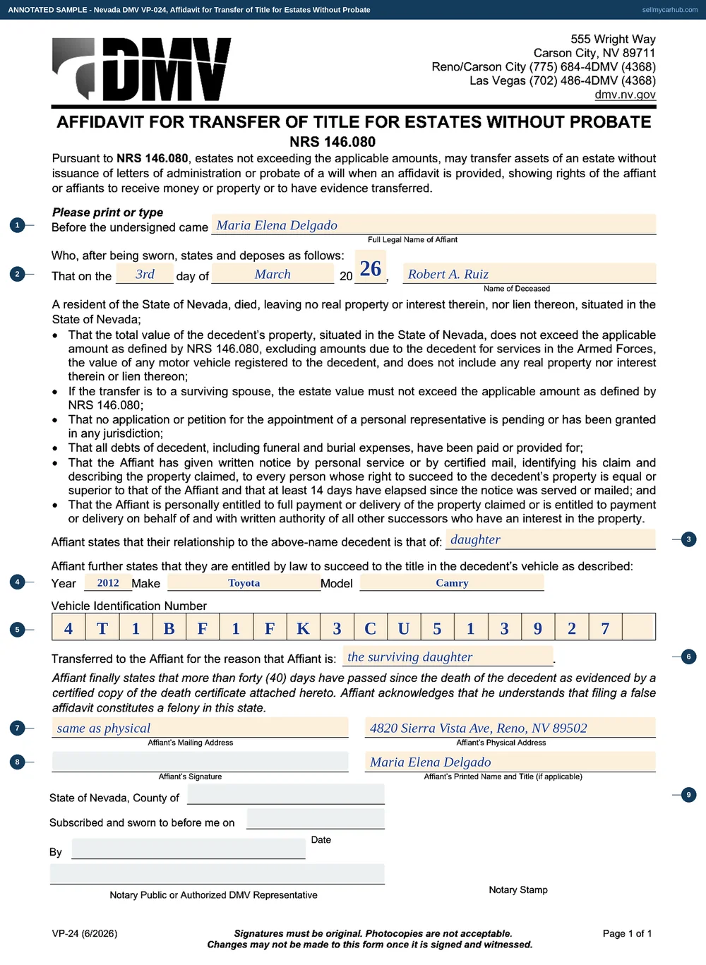 Nevada DMV form VP-024, Affidavit for Transfer of Title for Estates Without Probate, filled in as a worked example with each field numbered