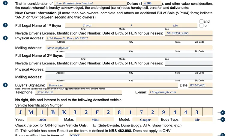 Part of our filled-in example of Nevada VP 104, Bill of Sale, showing the filled-in entries