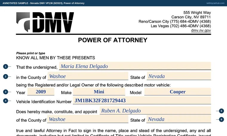 Top of our filled-in example of Nevada VP 136, Power of Attorney
