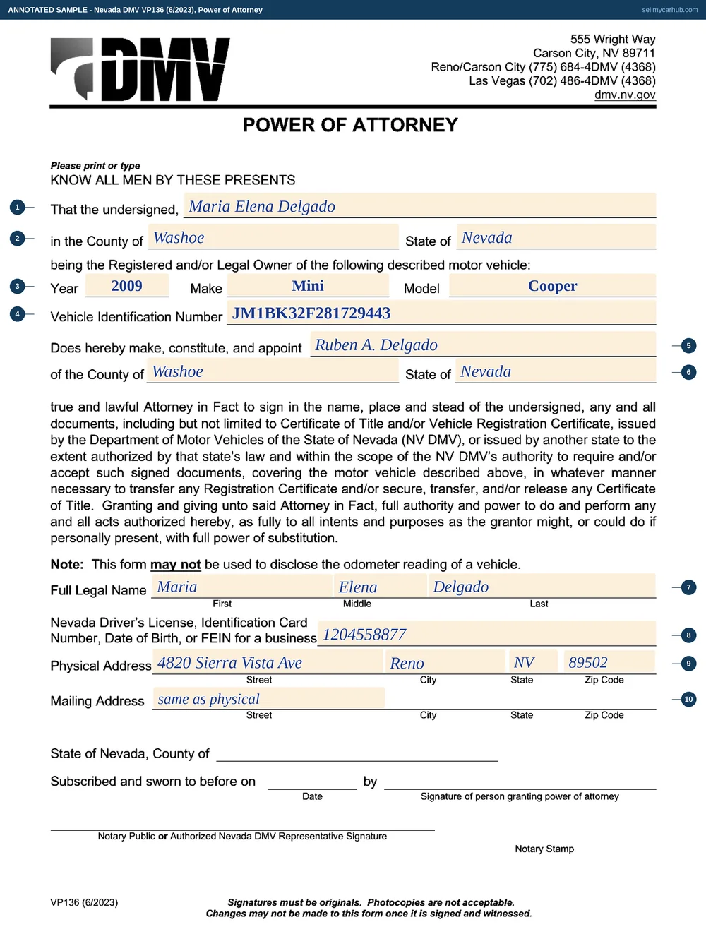 Nevada DMV form VP136 Power of Attorney, filled in as a worked example with each field numbered