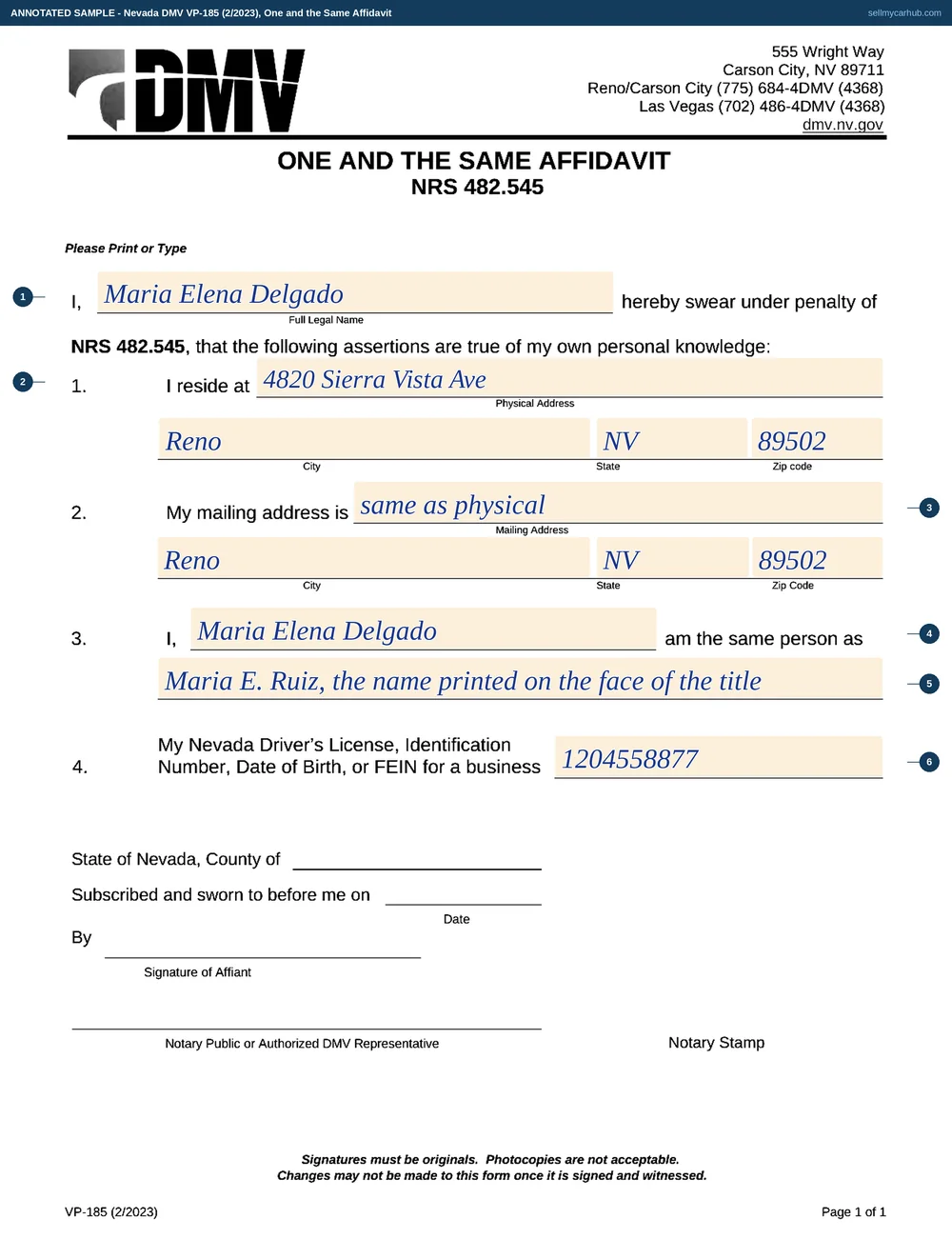 Nevada DMV form VP-185 One and the Same Affidavit, filled in as a worked example with each field numbered
