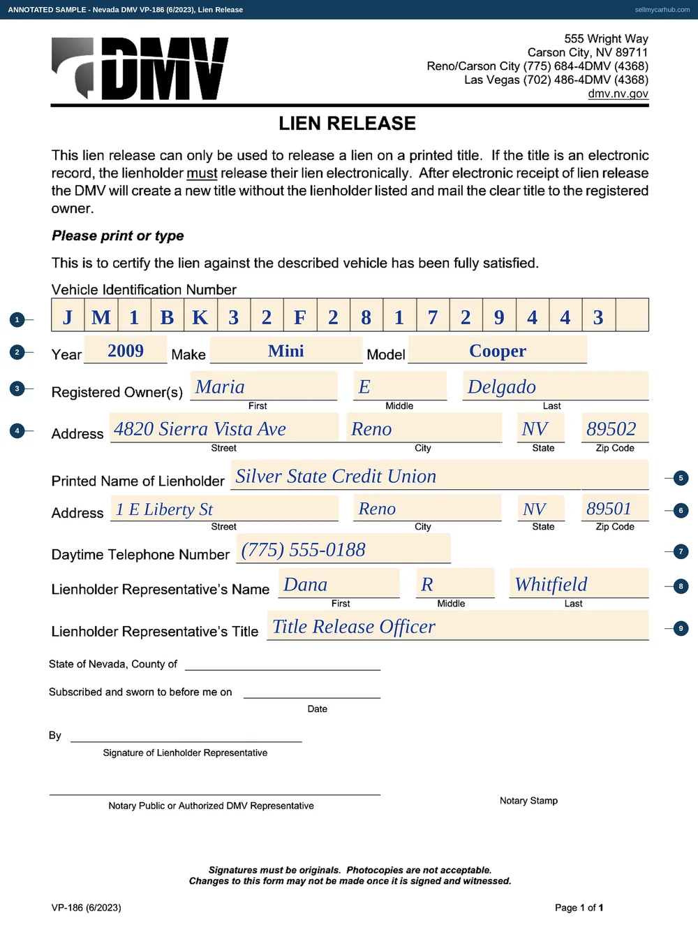 Nevada DMV form VP-186 Lien Release, filled in as a worked example with each field numbered
