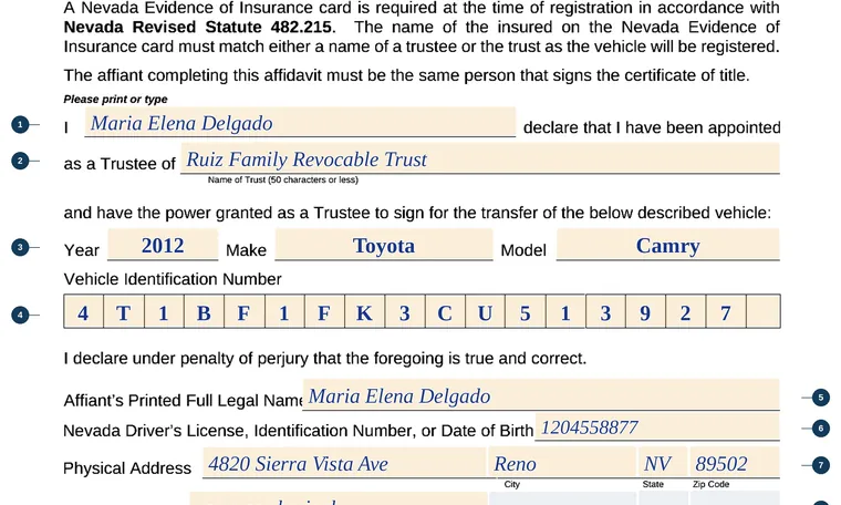 Part of our filled-in example of Nevada VP 188, Trust Appointment and Powers Affidavit, showing the filled-in entries