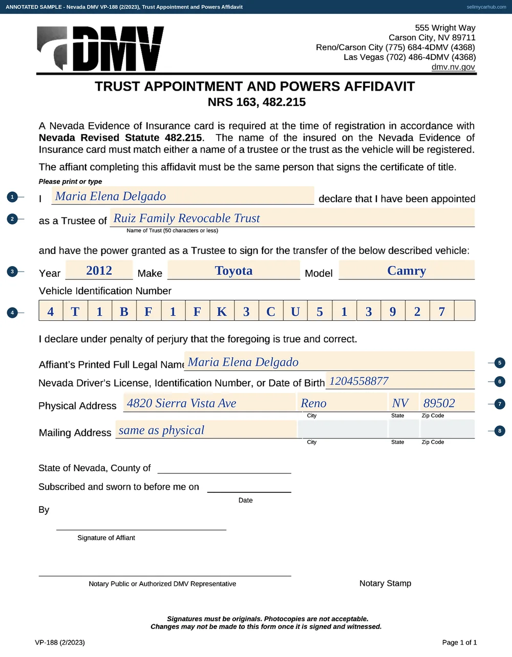 Nevada DMV form VP-188, Trust Appointment and Powers Affidavit, filled in as a worked example with each field numbered
