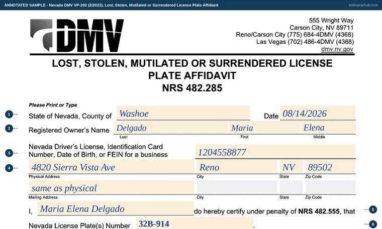 Top of our filled-in example of Nevada VP 202, Lost, Stolen, Mutilated or Surrendered License Plate Affidavit