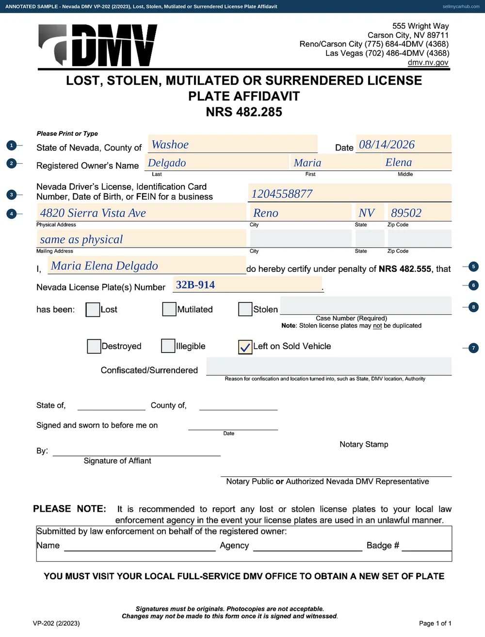 Nevada DMV form VP-202, lost, stolen, mutilated or surrendered license plate affidavit, filled in as a worked example with each field numbered
