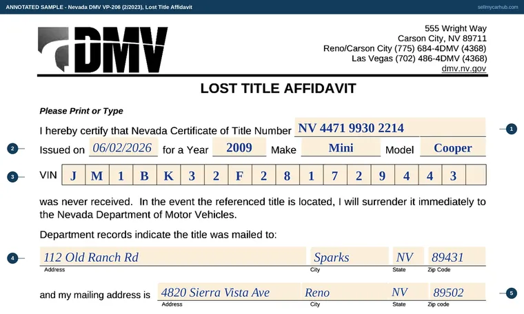 Top of our filled-in example of Nevada VP 206, Lost Title Affidavit