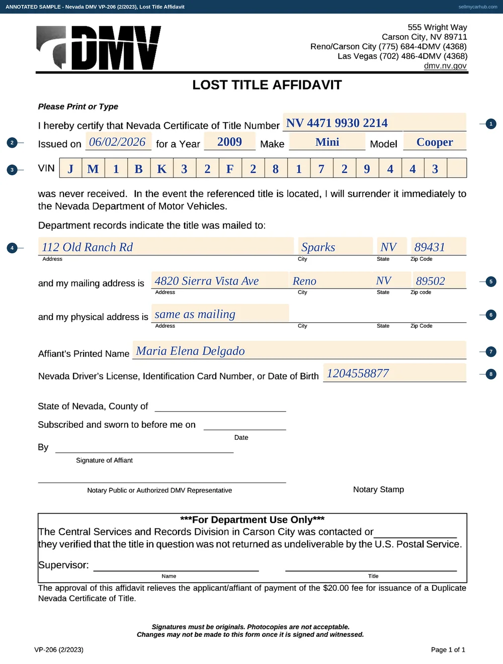 Nevada DMV form VP-206 Lost Title Affidavit, filled in as a worked example with each field numbered