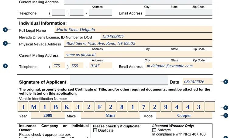 Part of our filled-in example of Nevada VP 213, Application for Salvage Title or Non-Repairable Certificate, showing the filled-in entries