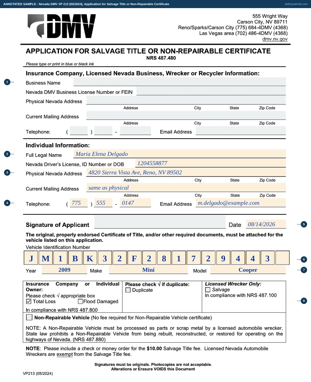 Nevada DMV form VP 213, Application for Salvage Title or Non-Repairable Certificate, filled in as a worked example with each field numbered