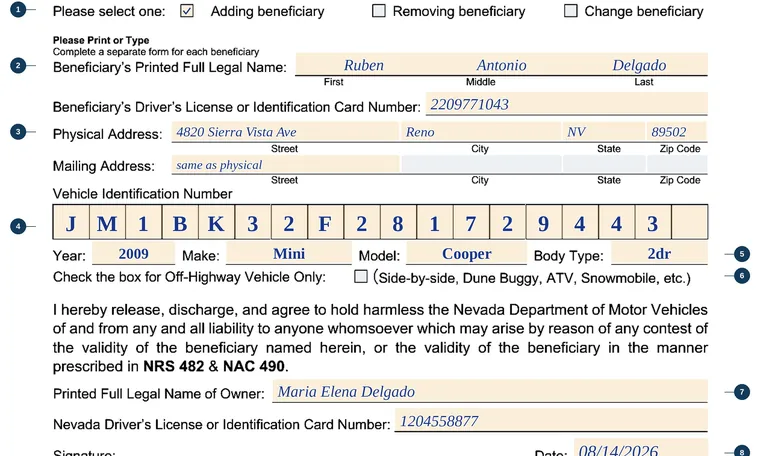 Part of our filled-in example of Nevada VP 239, Transfer on Death Application, showing the filled-in entries
