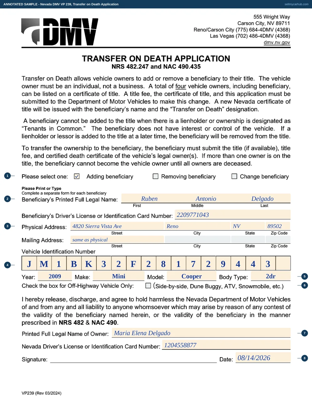 Nevada DMV form VP 239, Transfer on Death Application, filled in as a worked example with each field numbered