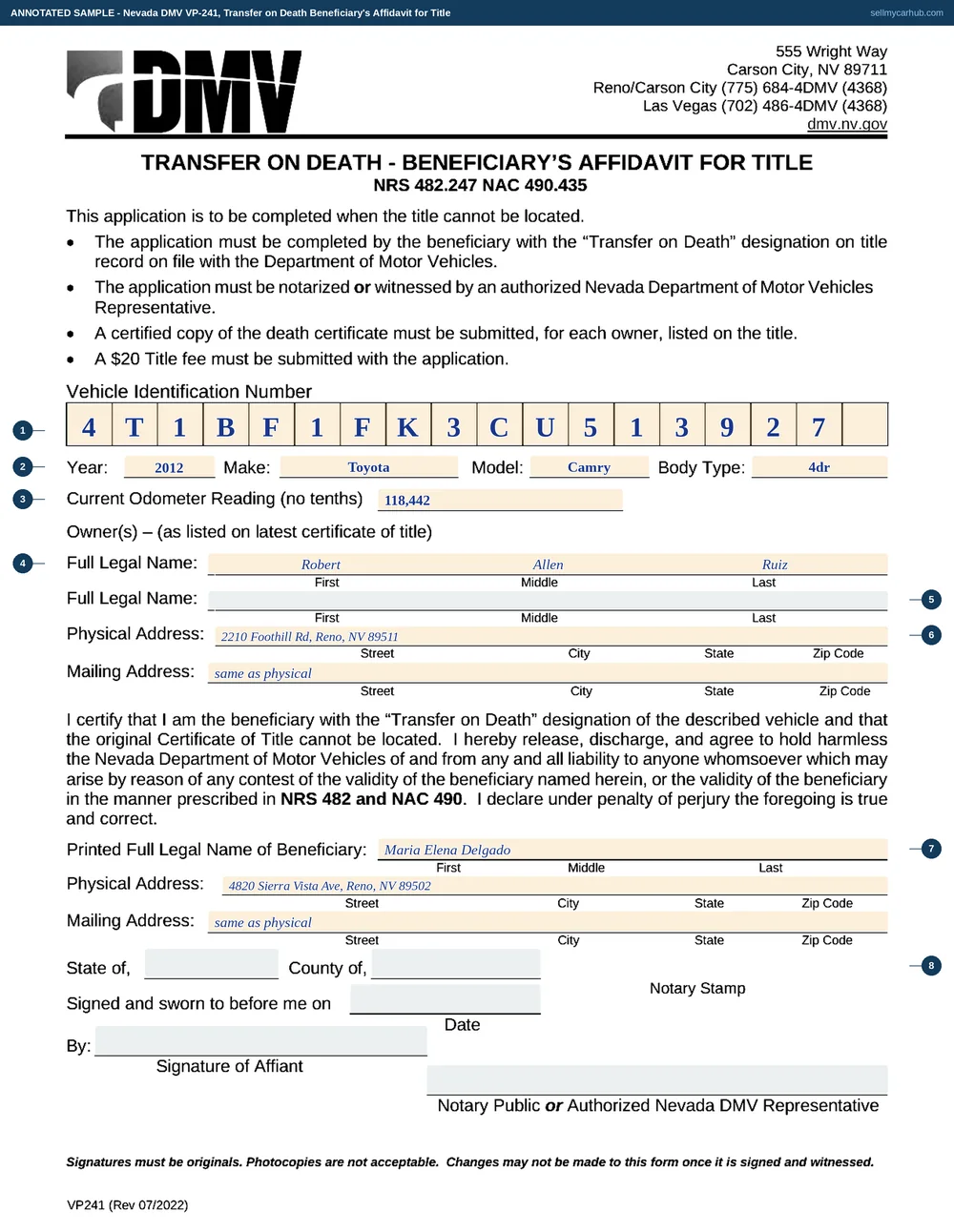 Nevada DMV form VP-241, Transfer on Death Beneficiary's Affidavit for Title, filled in as a worked example with each field numbered