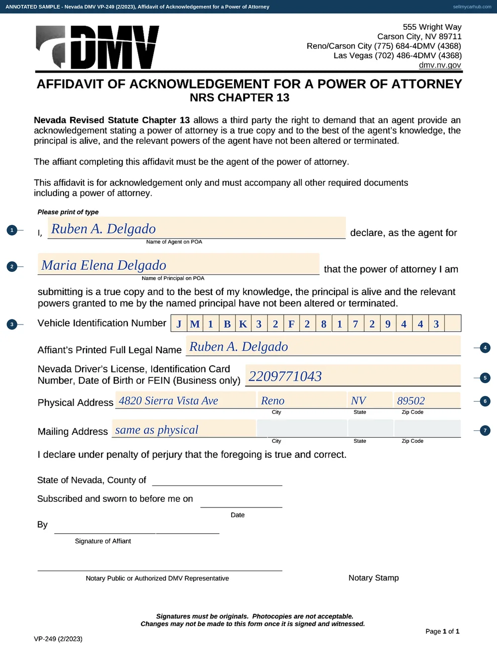 Nevada DMV form VP-249, affidavit of acknowledgement for a power of attorney, filled in as a worked example with each field numbered