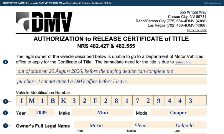 Top of our filled-in example of Nevada VP 257, Authorization to Release Certificate of Title