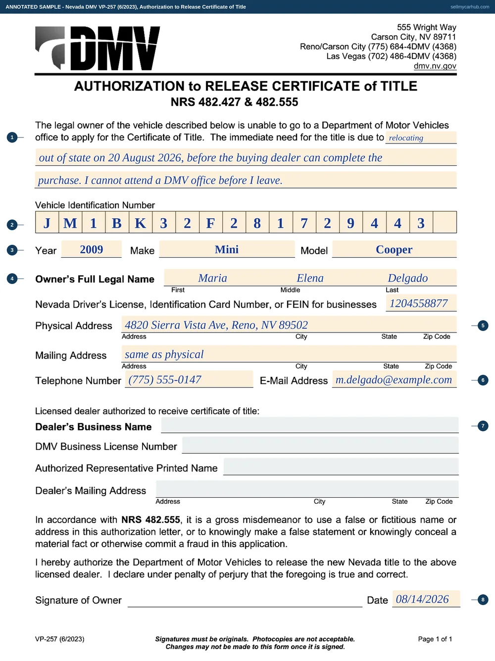 Nevada DMV form VP-257, authorization to release certificate of title, filled in as a worked example with each field numbered