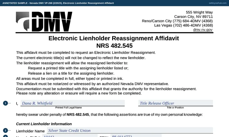 Top of our filled-in example of Nevada VP 268, Electronic Lienholder Reassignment Affidavit