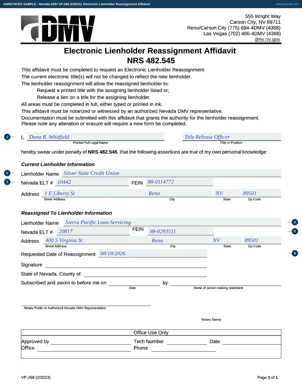 Nevada DMV form VP-268, electronic lienholder reassignment affidavit, shown completed by a lender with each field numbered