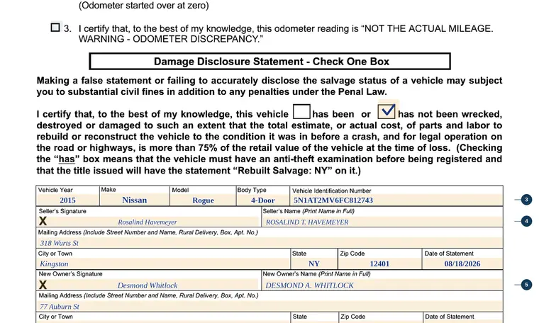 Part of our filled-in example of New York MV-103, Odometer and Damage Disclosure Statement, showing the filled-in entries