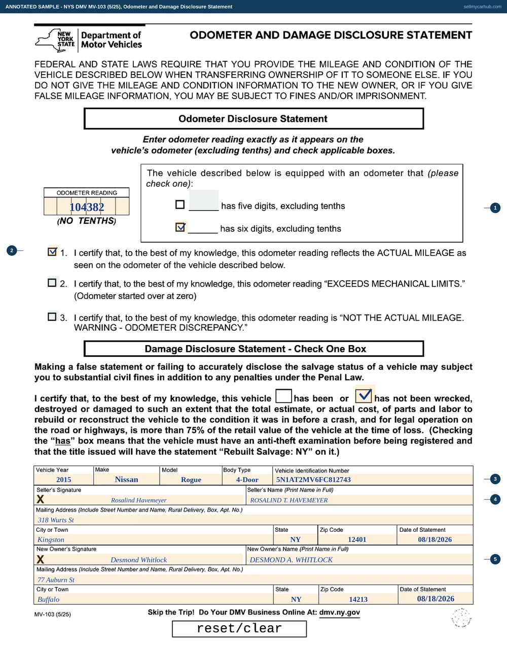 A New York MV-103 filled in: an odometer reading of 104382, the six digits box ticked, certification 1 for actual mileage ticked, the has not been box ticked on the damage disclosure, a 2015 Nissan Rogue with identification number 5N1AT2MV6FC812743, and seller and new owner blocks signed, printed, addressed and dated 18 August 2026.