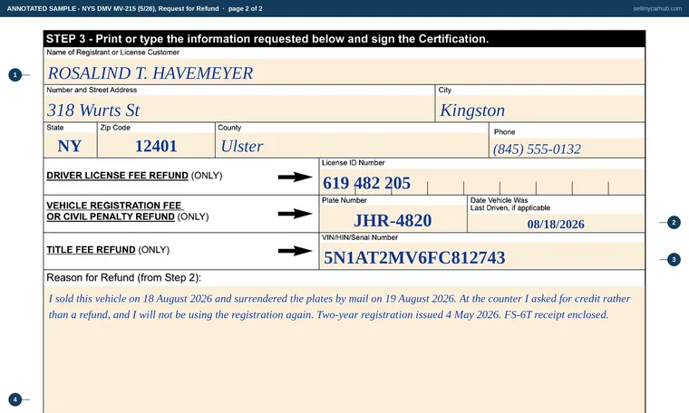 Top of page 2 of our filled-in example of New York MV-215, Request for Refund