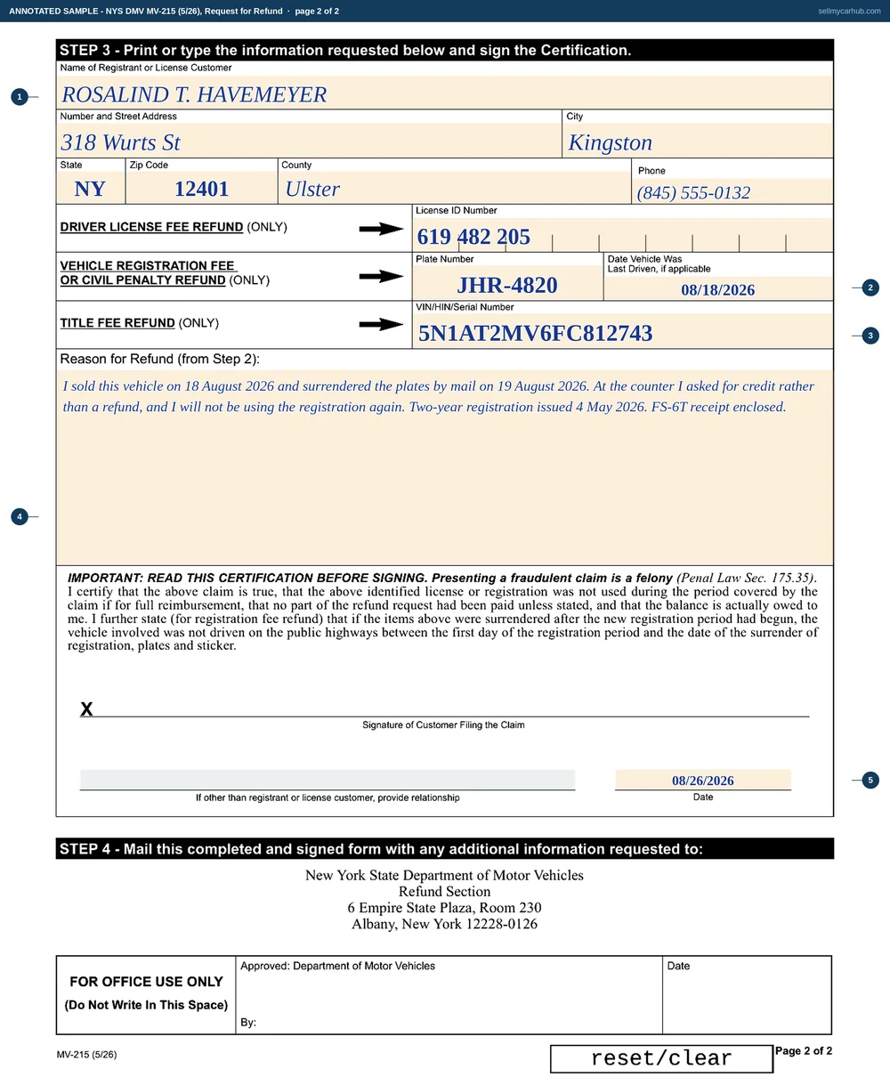 A New York MV-215 filled in: registrant Rosalind T. Havemeyer of Kingston in Ulster County, a licence identification number, plate JHR-4820, a date last driven of 18 August 2026, vehicle identification number 5N1AT2MV6FC812743, and a reason for refund explaining that the vehicle was sold, the plates were surrendered by post, credit was requested at the counter and the two-year registration will not be used again.