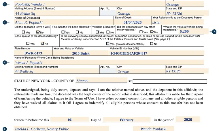 Part of our filled-in example of New York MV-349, Transfer of Vehicle Registered in Name of Deceased Person, showing the filled-in entries