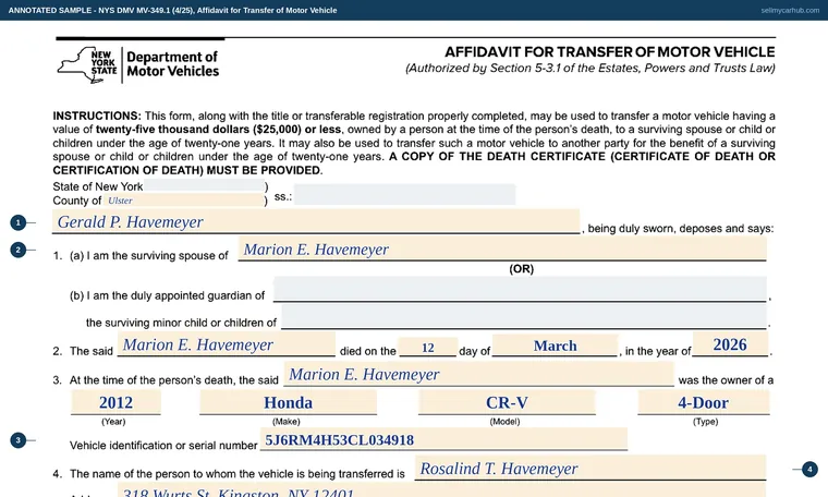 Top of our filled-in example of New York MV-349.1, Affidavit for Transfer of Motor Vehicle