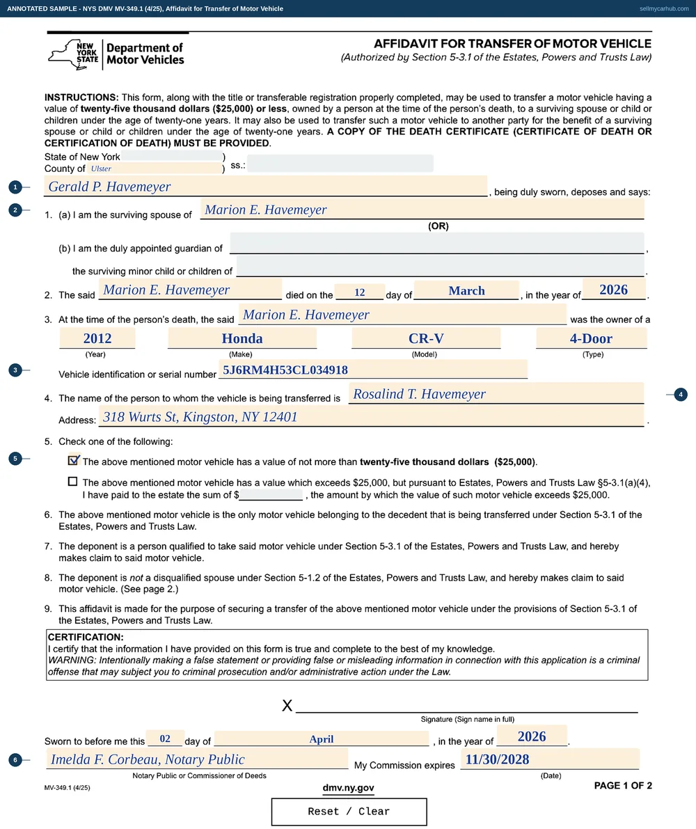 A New York MV-349.1 filled in: Gerald P. Havemeyer, sworn in Ulster County, states he is the surviving spouse of Marion E. Havemeyer who died on 12 March 2026; the vehicle is a 2012 Honda CR-V four-door with identification number 5J6RM4H53CL034918; it is being transferred to Rosalind T. Havemeyer at a Kingston address; the box certifying a value of not more than twenty-five thousand dollars is ticked; and the jurat is completed by a notary public with a commission expiry date.