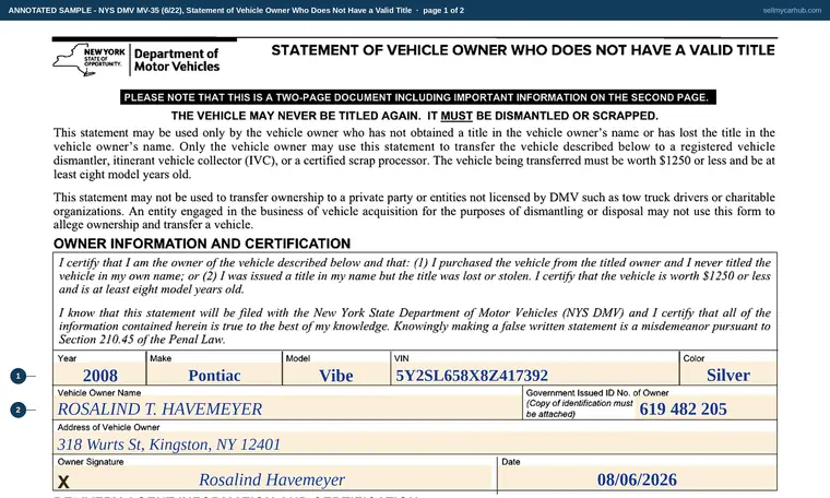 Top of page 1 of our filled-in example of New York MV-35, Statement of Vehicle Owner Who Does Not Have a Valid Title