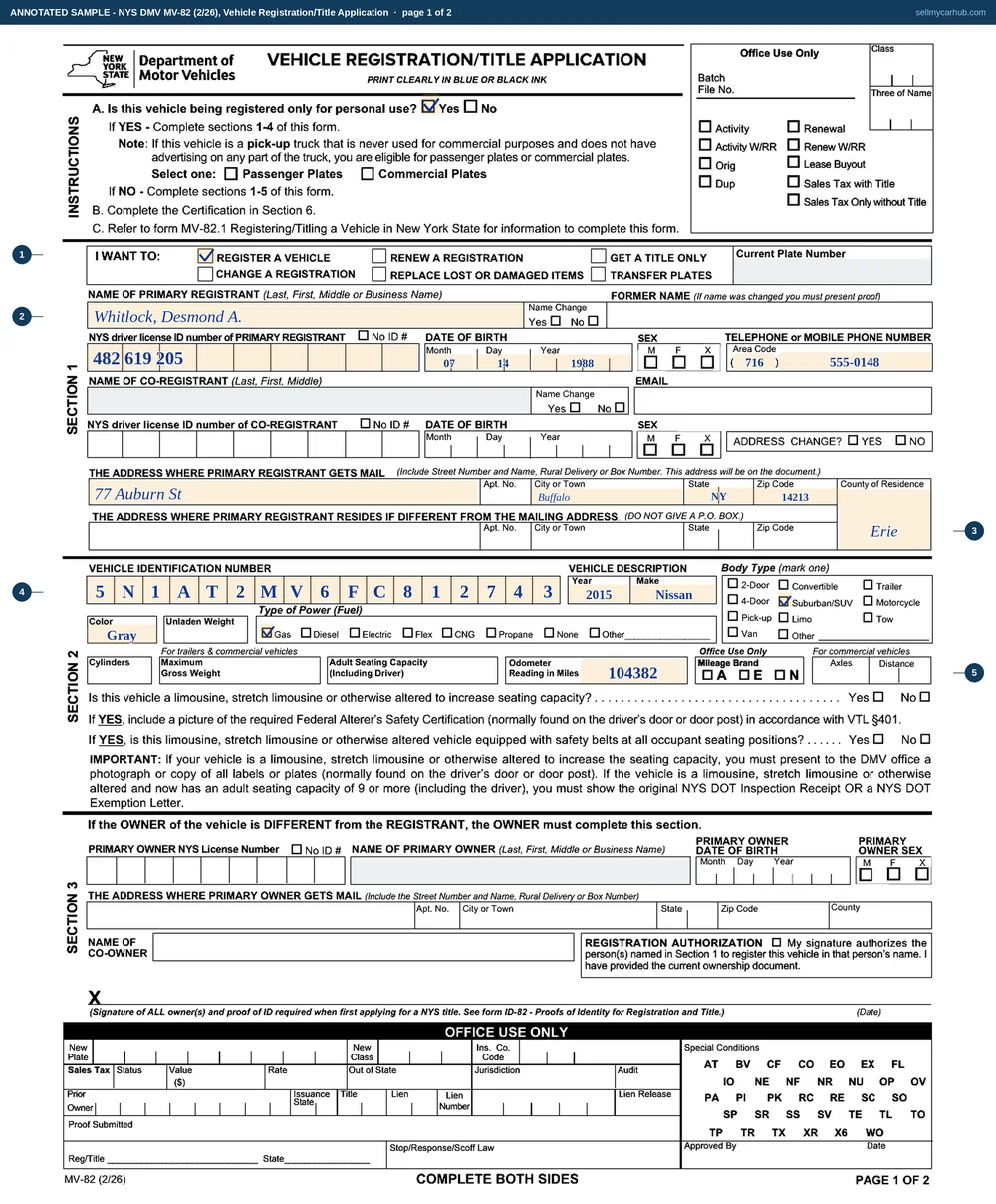 A New York MV-82 completed by the buyer: personal use yes, register a vehicle ticked, registrant Whitlock Desmond A. of Buffalo in Erie County, vehicle identification number 5N1AT2MV6FC812743 written one character per box, a 2015 Nissan Rogue in gray with a suburban SUV body type and an odometer reading of 104382, and on page two the damage and modification questions both answered no, Not For Hire ticked, and the certification signed and printed.