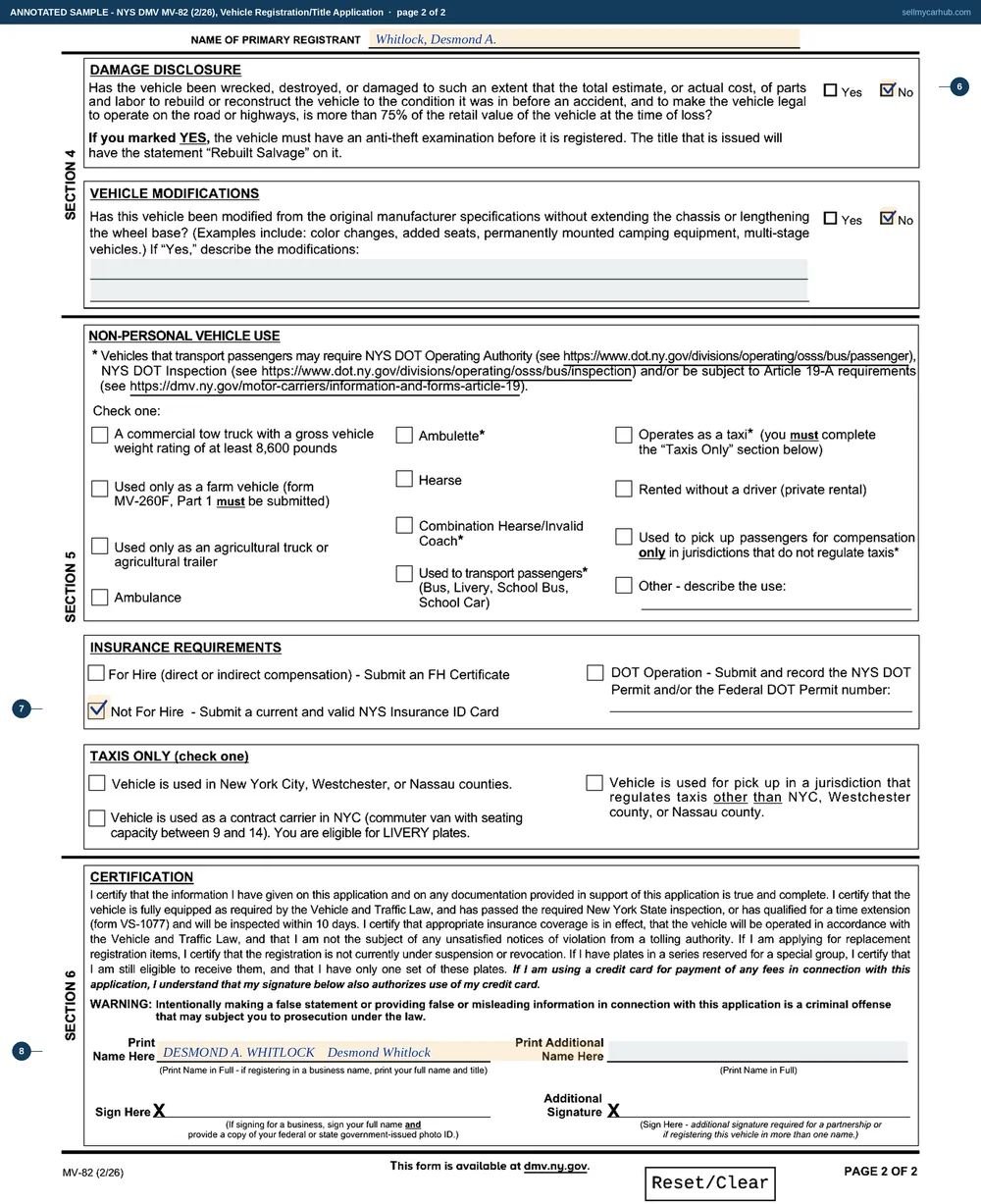 A New York MV-82 completed by the buyer: personal use yes, register a vehicle ticked, registrant Whitlock Desmond A. of Buffalo in Erie County, vehicle identification number 5N1AT2MV6FC812743 written one character per box, a 2015 Nissan Rogue in gray with a suburban SUV body type and an odometer reading of 104382, and on page two the damage and modification questions both answered no, Not For Hire ticked, and the certification signed and printed.