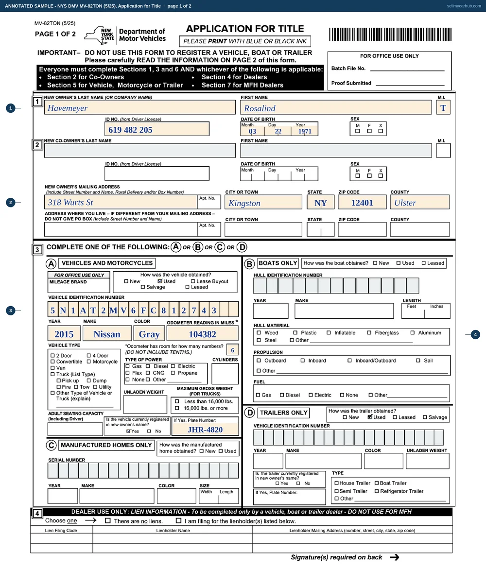 A New York MV-82TON filled in: new owner Havemeyer, Rosalind, T., with a driver licence identification number, date of birth and Kingston address in Ulster County; in section 3A the used box ticked, identification number 5N1AT2MV6FC812743 written one character per printed box, a 2015 Nissan in gray, an odometer reading of 104382 with six digits, and the vehicle shown as currently registered under plate JHR-4820; and on page two the damage disclosure answered has not been, with the certification printed, signed and dated.