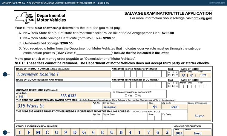 Top of page 1 of our filled-in example of New York MV-83SAL, Salvage Examination/Title Application