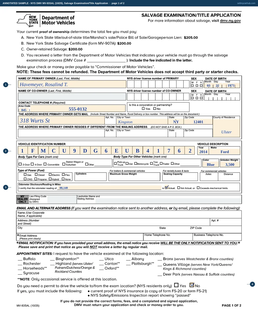 A New York MV-83SAL filled in: primary owner Havemeyer Rosalind T. of Kingston in Ulster County with a contact telephone number, a 2014 Ford in blue with identification number 1FMCU9DG6EUB41762 written one character per printed box, an odometer reading of 88,140 certified as actual, no permit needed to drive to the examination, and on page two the flood damage box ticked four items of the rejection checklist ticked, and the primary owner's name printed in the certification block.