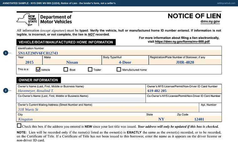 Top of our filled-in example of New York MV-900, Notice of Lien