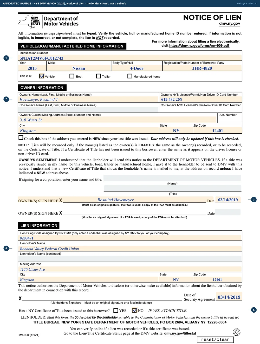 A New York MV-900 Notice of Lien completed by a credit union: a 2015 Nissan Rogue with identification number 5N1AT2MV6FC812743 and plate JHR-4820, the vehicle box ticked, borrower Havemeyer Rosalind T. of Kingston, a lien filing code, the lienholder Rondout Valley Federal Credit Union, a security agreement dated 14 March 2019, and the no box ticked against whether a certificate has been issued to the borrower.