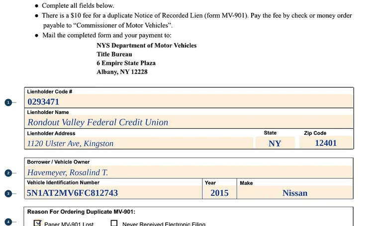 Part of our filled-in example of New York MV-901.1, Request for Duplicate Notice of Recorded Lien, showing the filled-in entries