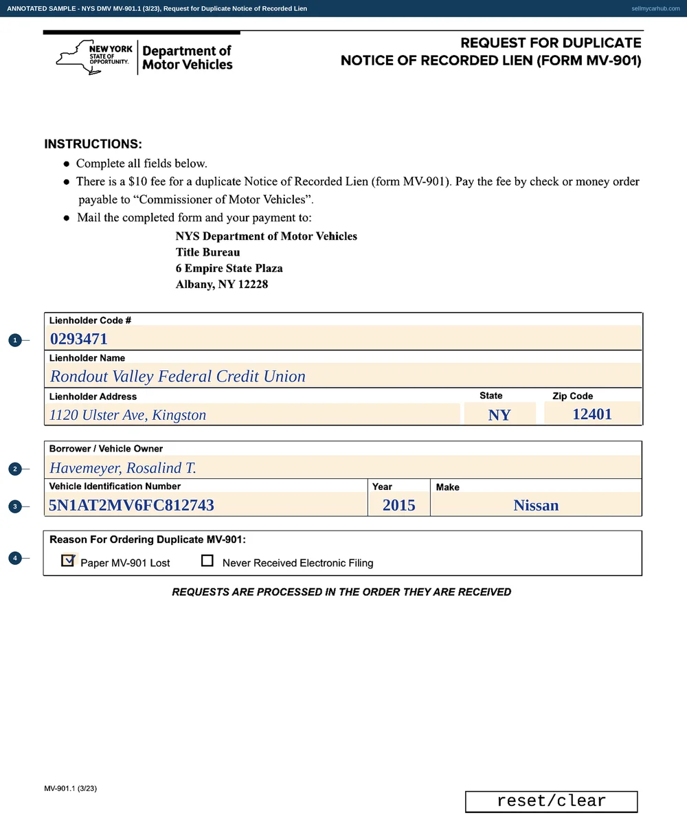 A New York MV-901.1 filled in by a lender: a lienholder code, Rondout Valley Federal Credit Union at a Kingston address, borrower Havemeyer Rosalind T., a 2015 Nissan with identification number 5N1AT2MV6FC812743, and the paper Notice of Recorded Lien lost box ticked.