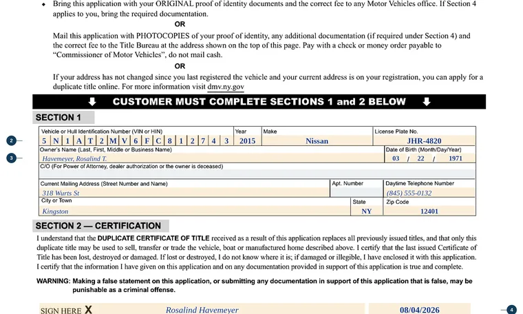 Part of page 1 of our filled-in example of New York MV-902, Application for Duplicate Certificate of Title, showing the filled-in entries