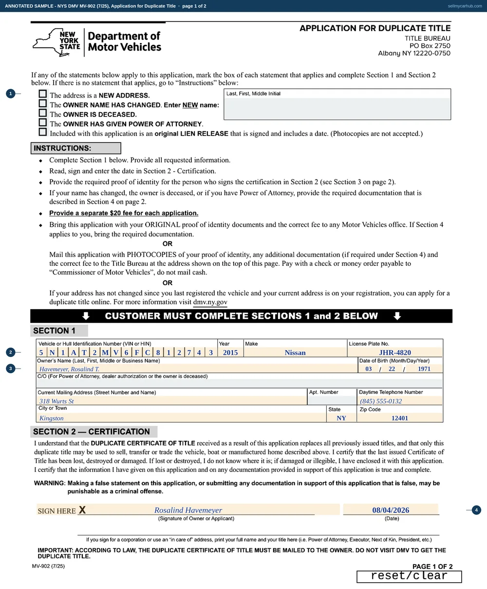 A New York MV-902 filled in for a lost certificate: a 2015 Nissan with identification number 5N1AT2MV6FC812743 one character per box, plate JHR-4820, owner Havemeyer Rosalind T. with a date of birth and a Kingston mailing address, and the certification signed and dated 4 August 2026, with all five statements at the head of the form left unticked.