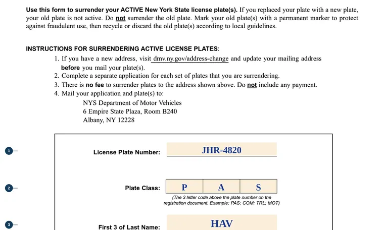 Part of our filled-in example of New York PD-7, Plate Surrender Application, showing the filled-in entries