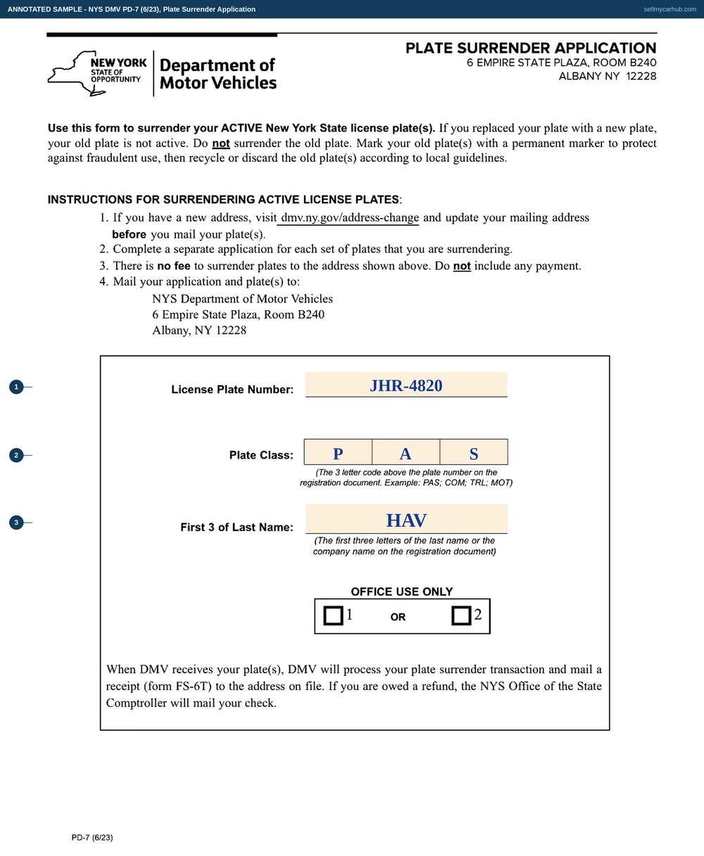 A New York PD-7 plate surrender application filled in: licence plate number JHR-4820, plate class PAS, and the first three letters of the last name entered as HAV.