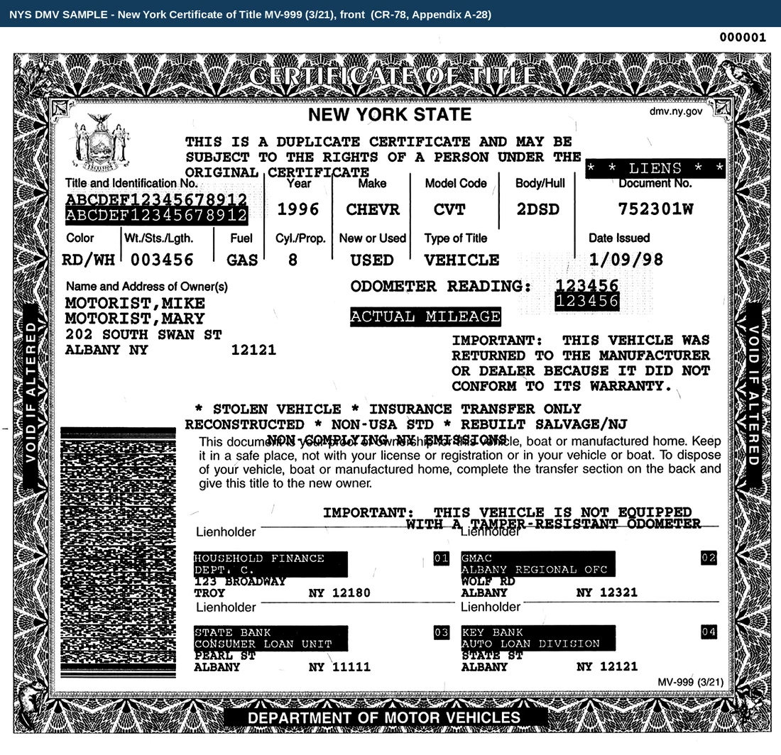 The front of a New York State Certificate of Title, MV-999, from the DMV's own published sample: a blue guilloche border reading VOID IF ALTERED down both sides, the title and identification number, a 1996 Chevrolet, colour, weight, fuel and cylinders, a document number and date issued, the odometer reading with ACTUAL MILEAGE beside it, the owner name and address block, a row of brand legends including STOLEN VEHICLE and REBUILT SALVAGE, a banner stating that this is a duplicate certificate, and four lienholder blocks across the foot.