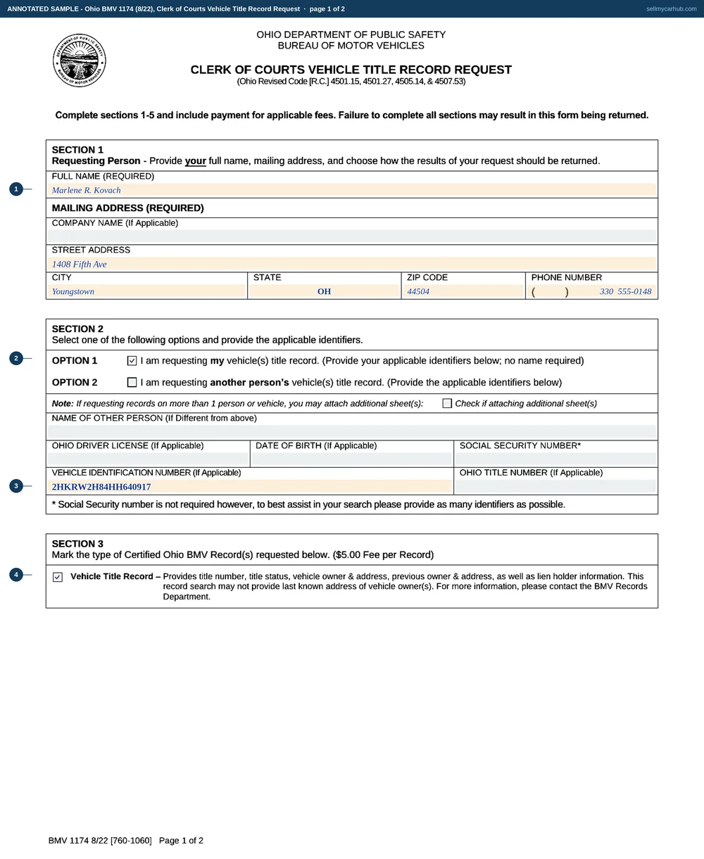 Ohio form BMV 1174 filled in: requesting person Marlene R. Kovach of Youngstown, Option 1 ticked for her own vehicle's title record, the vehicle identification number 2HKRW2H84HH640917 given as the only identifier, Vehicle Title Record ticked in section 3, qualification 1 ticked in section 4 on page two, and the certification signed and dated 6 August 2026.