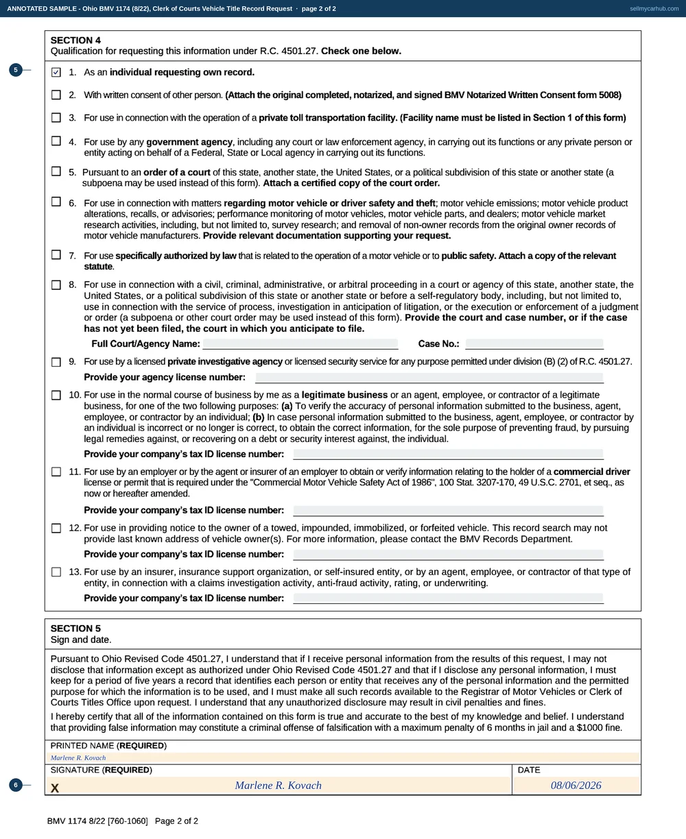 Ohio form BMV 1174 filled in: requesting person Marlene R. Kovach of Youngstown, Option 1 ticked for her own vehicle's title record, the vehicle identification number 2HKRW2H84HH640917 given as the only identifier, Vehicle Title Record ticked in section 3, qualification 1 ticked in section 4 on page two, and the certification signed and dated 6 August 2026.